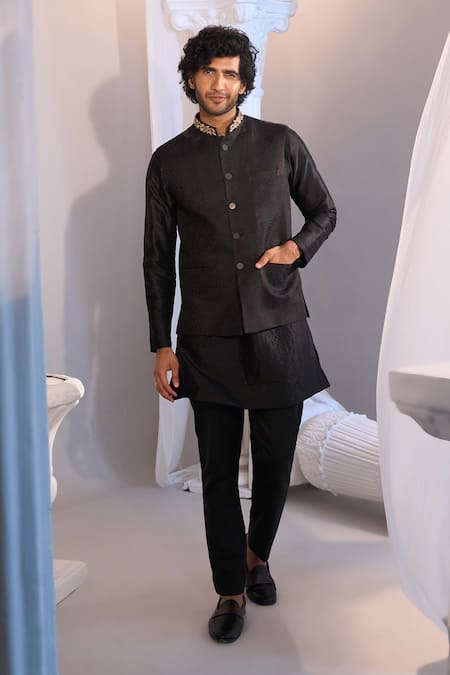 Manish Nagdeo X AZA_Black Cotton, Silk Nehru Jacket Set _Online_at_Aza_Fashions