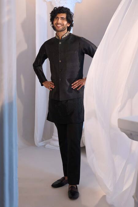 Shop_Manish Nagdeo X AZA_Black Cotton, Silk Nehru Jacket Set _Online_at_Aza_Fashions