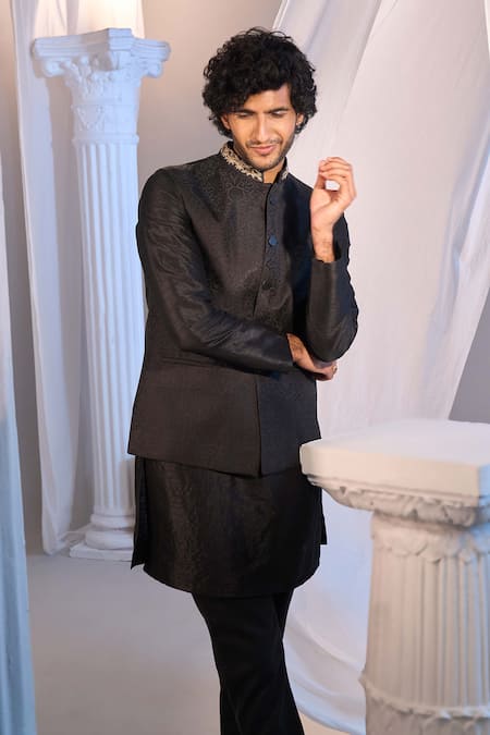 Shop_Manish Nagdeo X AZA_Black Cotton, Silk Nehru Jacket Set 