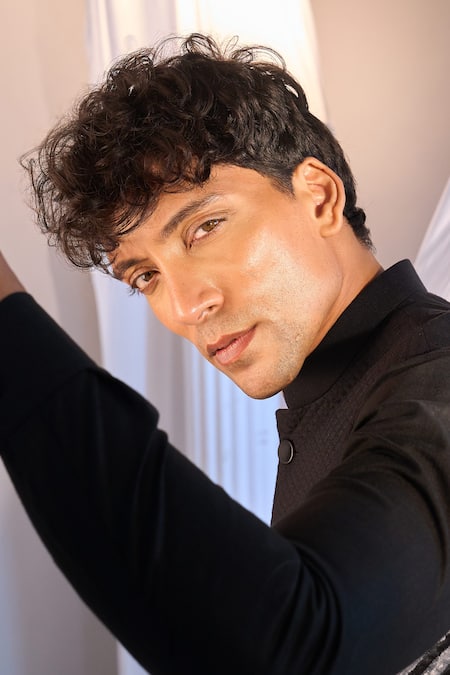 Buy_Manish Nagdeo X AZA_Black Silk Ruby Kurta Set With Nehru Jacket _Online_at_Aza_Fashions