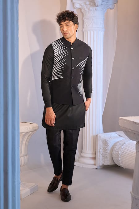 Manish Nagdeo X AZA_Black Silk Ruby Kurta Set With Nehru Jacket _Online_at_Aza_Fashions