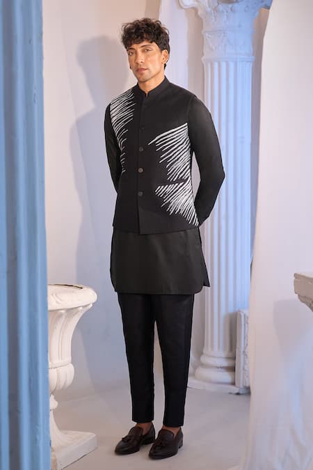 Shop_Manish Nagdeo X AZA_Black Silk Ruby Kurta Set With Nehru Jacket _Online_at_Aza_Fashions
