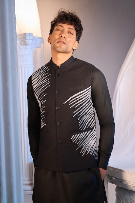 Manish Nagdeo X AZA_Black Silk Ruby Kurta Set With Nehru Jacket _at_Aza_Fashions