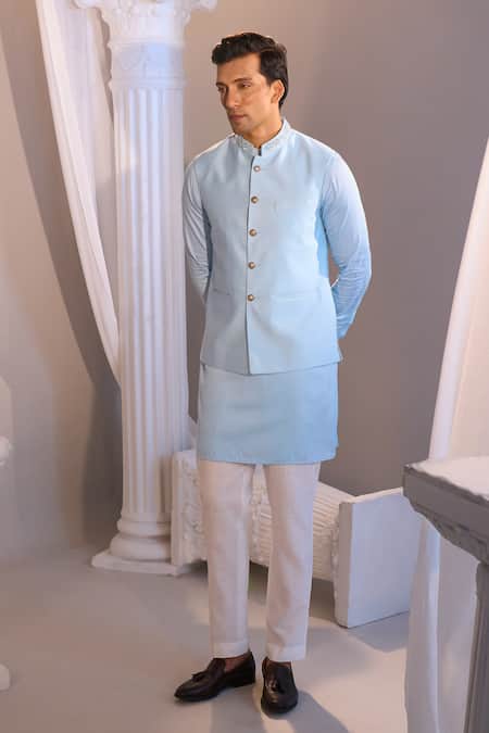 Manish Nagdeo X AZA_Sky Blue Brocade, Cotton Nehru Jacket Set _Online_at_Aza_Fashions