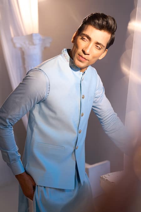Shop_Manish Nagdeo X AZA_Sky Blue Brocade, Cotton Nehru Jacket Set _Online_at_Aza_Fashions