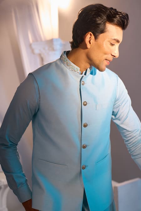 Manish Nagdeo X AZA_Sky Blue Brocade, Cotton Nehru Jacket Set _at_Aza_Fashions