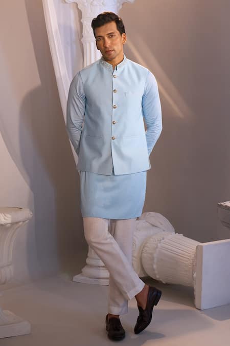 Buy_Manish Nagdeo X AZA_Sky Blue Brocade, Cotton Nehru Jacket Set 