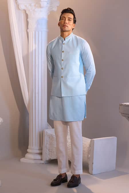 Shop_Manish Nagdeo X AZA_Sky Blue Brocade, Cotton Nehru Jacket Set 