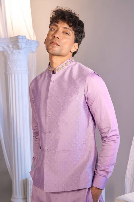 Buy_Manish Nagdeo X AZA_Lilac Brocade, Cotton Nehru Jacket Set _Online_at_Aza_Fashions