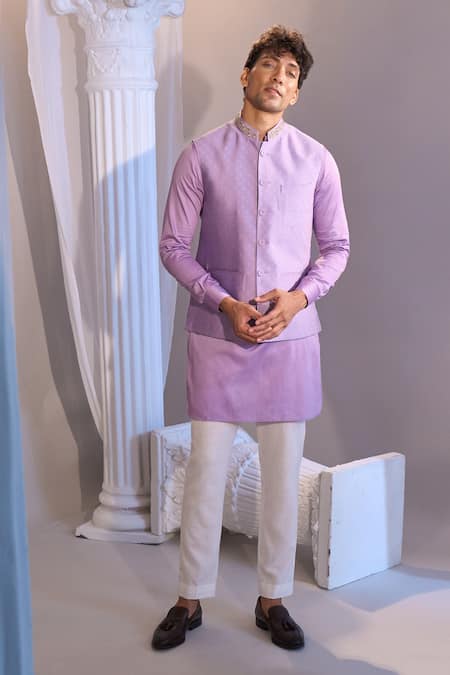 Manish Nagdeo X AZA_Lilac Brocade, Cotton Nehru Jacket Set _Online_at_Aza_Fashions