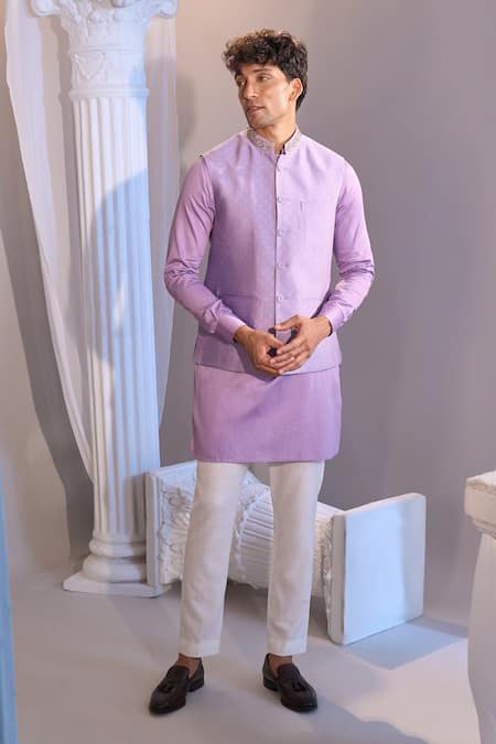 Shop_Manish Nagdeo X AZA_Lilac Brocade, Cotton Nehru Jacket Set _Online_at_Aza_Fashions
