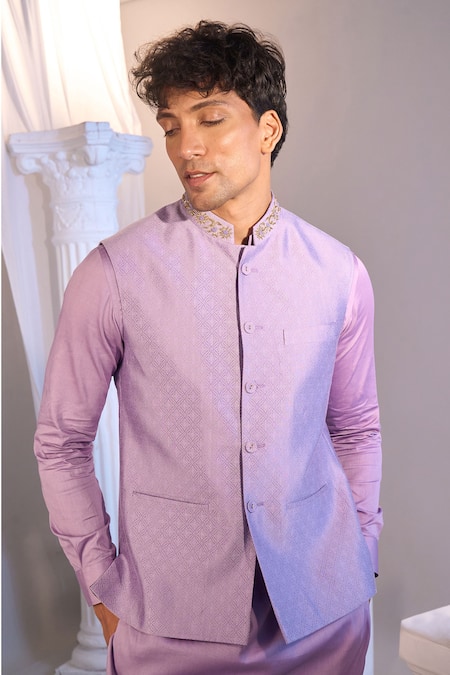 Manish Nagdeo X AZA_Lilac Brocade, Cotton Nehru Jacket Set _at_Aza_Fashions