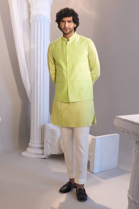 Buy_Manish Nagdeo X AZA_Lavender Brocade, Cotton Lime Green Nehru Jacket Set _Online_at_Aza_Fashions