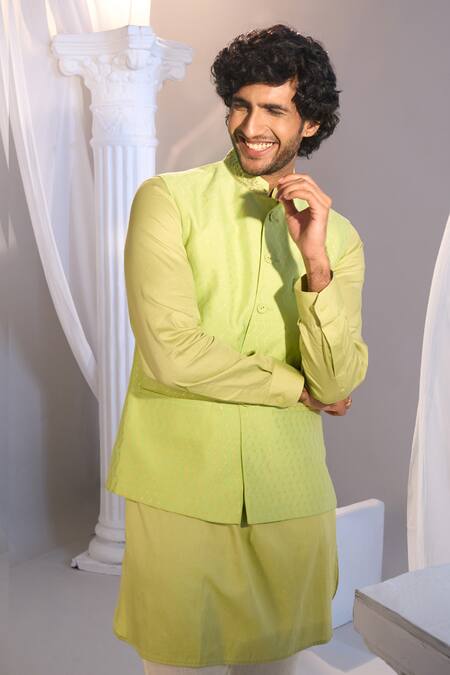Shop_Manish Nagdeo X AZA_Lavender Brocade, Cotton Lime Green Nehru Jacket Set _Online_at_Aza_Fashions