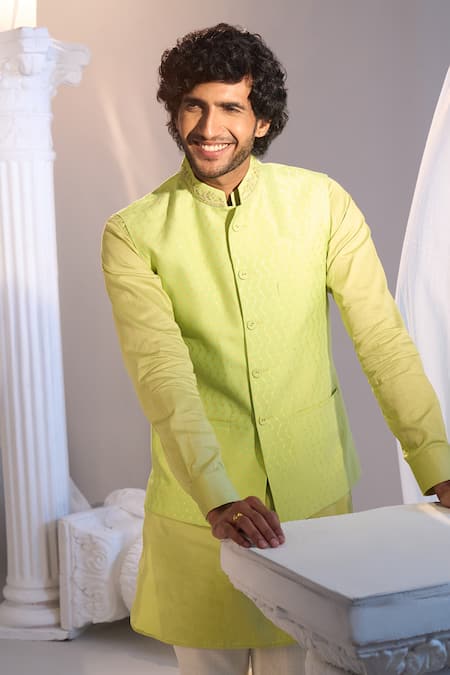Manish Nagdeo X AZA_Lavender Brocade, Cotton Lime Green Nehru Jacket Set _at_Aza_Fashions