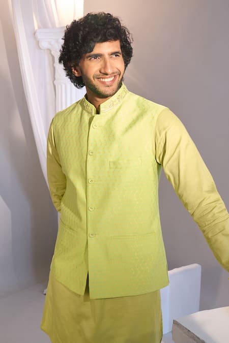 Shop_Manish Nagdeo X AZA_Lavender Brocade, Cotton Lime Green Nehru Jacket Set 