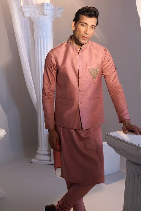 Buy_Manish Nagdeo X AZA_Pink Brocade, Cotton Embroidery Onion Nehru Jacket Set _Online_at_Aza_Fashions