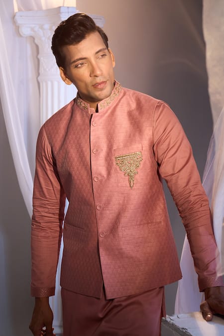 Shop_Manish Nagdeo X AZA_Pink Brocade, Cotton Embroidery Onion Nehru Jacket Set _Online_at_Aza_Fashions