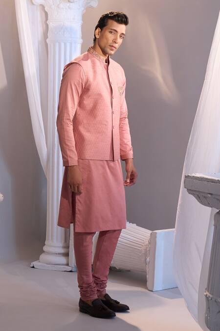 Manish Nagdeo X AZA_Pink Brocade, Cotton Embroidery Onion Nehru Jacket Set _at_Aza_Fashions