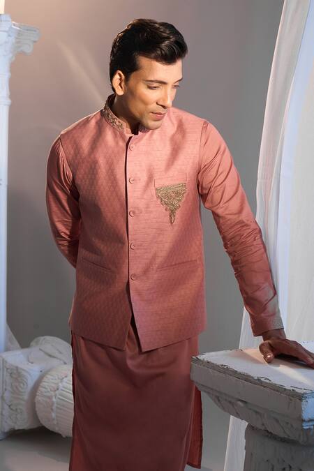 Buy_Manish Nagdeo X AZA_Pink Brocade, Cotton Embroidery Onion Nehru Jacket Set 