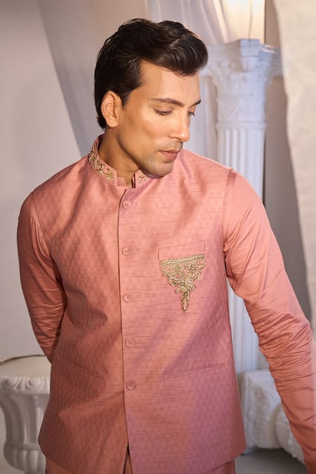Shop_Manish Nagdeo X AZA_Pink Brocade, Cotton Embroidery Onion Nehru Jacket Set 