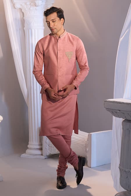 Manish Nagdeo X AZA_Pink Brocade, Cotton Embroidery Onion Nehru Jacket Set _Online_at_Aza_Fashions