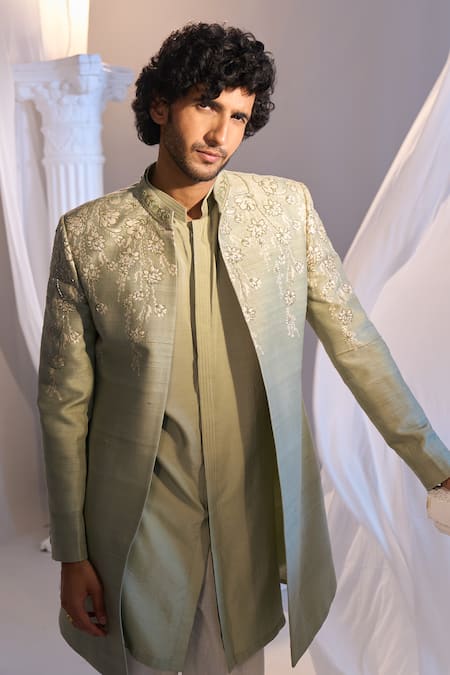 Buy_Manish Nagdeo X AZA_Green Cotton, Silk Embroidery Sea Sherwani Set _Online_at_Aza_Fashions