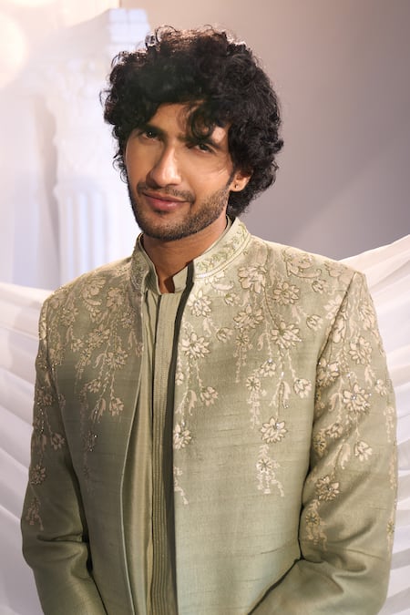 Shop_Manish Nagdeo X AZA_Green Cotton, Silk Embroidery Sea Sherwani Set _Online_at_Aza_Fashions