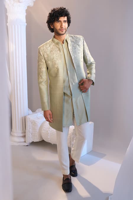 Manish Nagdeo X AZA_Green Cotton, Silk Embroidery Sea Sherwani Set _at_Aza_Fashions
