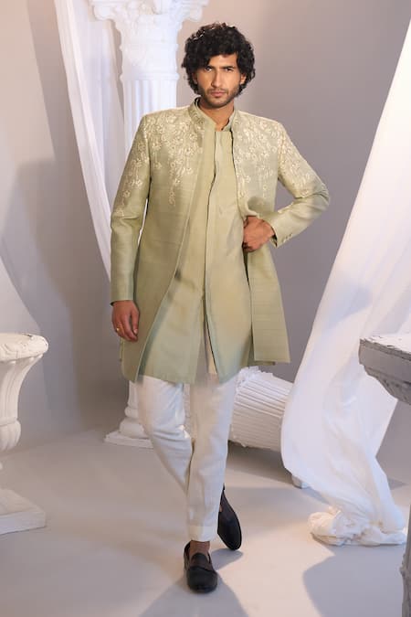 Buy_Manish Nagdeo X AZA_Green Cotton, Silk Embroidery Sea Sherwani Set 