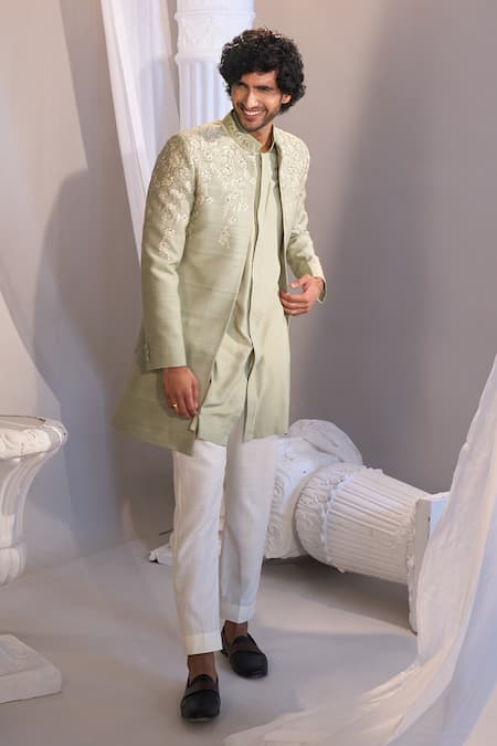 Shop_Manish Nagdeo X AZA_Green Cotton, Silk Embroidery Sea Sherwani Set 