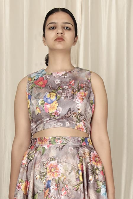 Aharin India_Gray Silk Round Neck Floral Print Blend Lehenga Set _Online_at_Aza_Fashions