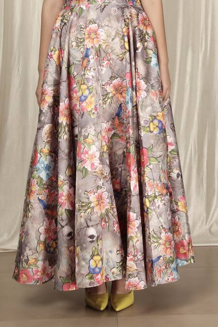 Buy_Aharin India_Gray Silk Round Neck Floral Print Blend Lehenga Set _Online_at_Aza_Fashions