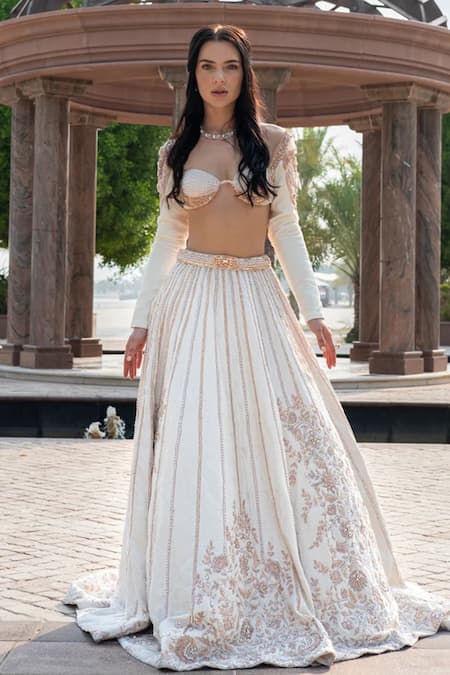 Jigar & Nikita_Gold Linen, Net, Satin Pearls Sweetheart Neck Ivymist Embellished Lehenga Set _Online_at_Aza_Fashions