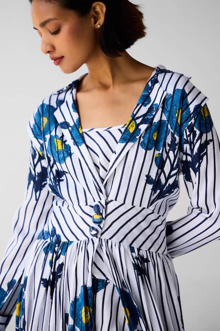 Buy Cotton And Clay White Cotton, Twill Embroidery V-neck, Scoop Floral Print Jacket And Trouser Set Buy_Cotton And Clay_White Cotton, Twill Embroidery V-neck, Scoop Floral Print Jacket And Trouser Set