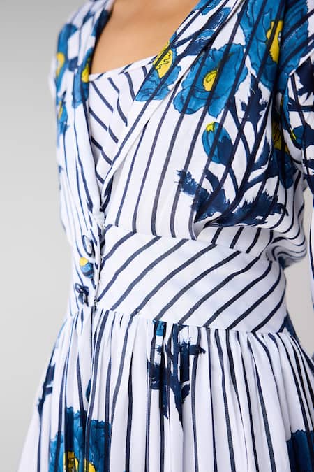 Shop Cotton And Clay White Cotton, Twill Embroidery V-neck, Scoop Floral Print Jacket And Trouser Set Shop_Cotton And Clay_White Cotton, Twill Embroidery V-neck, Scoop Floral Print Jacket And Trouser Set