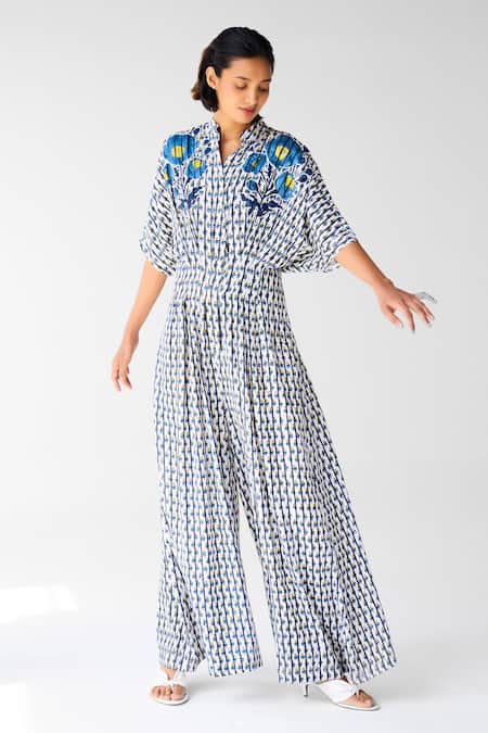 Cotton And Clay White Cotton, Twill Embroidery Collared Designer Floral Print Jumpsuit Online at Aza Fashions Cotton And Clay_White Cotton, Twill Embroidery Collared Designer Floral Print Jumpsuit _Online_at_Aza_Fashions