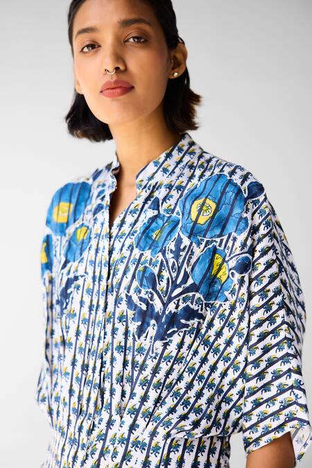 Cotton And Clay White Cotton, Twill Embroidery Collared Designer Floral Print Jumpsuit at Aza Fashions Cotton And Clay_White Cotton, Twill Embroidery Collared Designer Floral Print Jumpsuit _at_Aza_Fashions