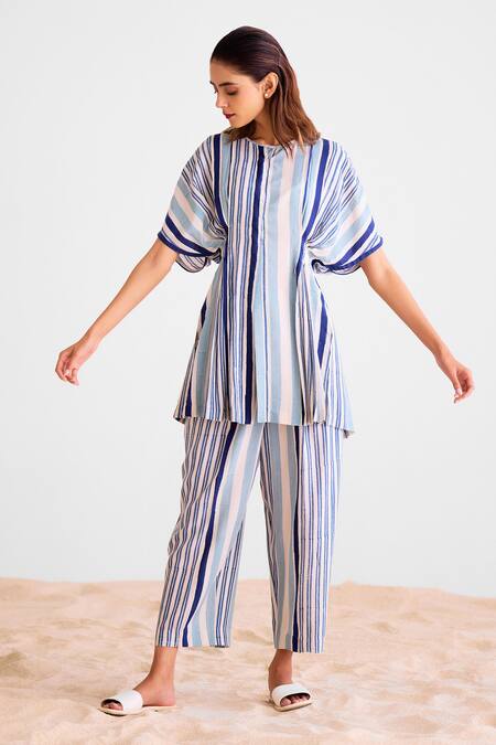 Cotton And Clay_Off White Cotton, Silk Round Neck Striped Kurta Set _Online_at_Aza_Fashions