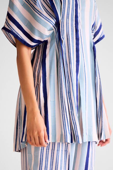 Buy_Cotton And Clay_Off White Cotton, Silk Round Neck Striped Kurta Set _Online_at_Aza_Fashions
