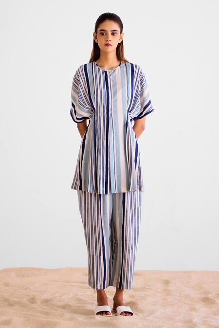 Shop_Cotton And Clay_Off White Cotton, Silk Round Neck Striped Kurta Set _Online_at_Aza_Fashions