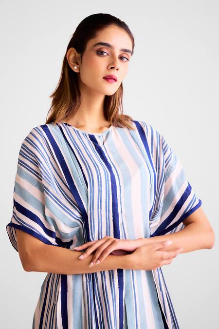 Cotton And Clay_Off White Cotton, Silk Round Neck Striped Kurta Set _at_Aza_Fashions