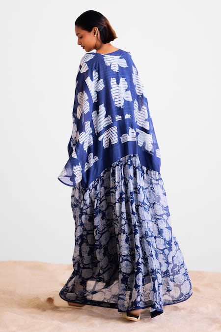 Shop_Cotton And Clay_Navy Chanderi, Silk Indigo Maxi Kimono Dress Set _at_Aza_Fashions