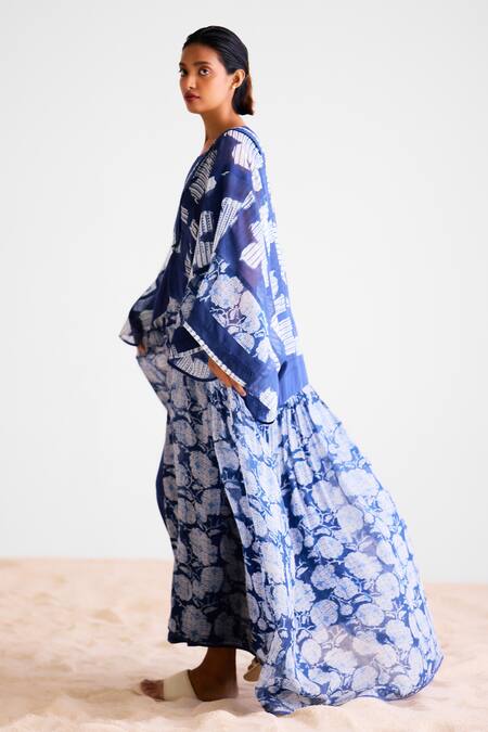 Cotton And Clay_Navy Chanderi, Silk Indigo Maxi Kimono Dress Set _Online_at_Aza_Fashions