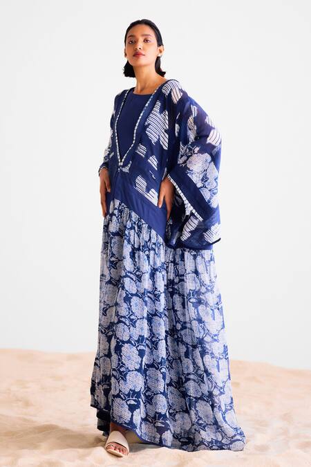 Buy_Cotton And Clay_Navy Chanderi, Silk Indigo Maxi Kimono Dress Set _Online_at_Aza_Fashions