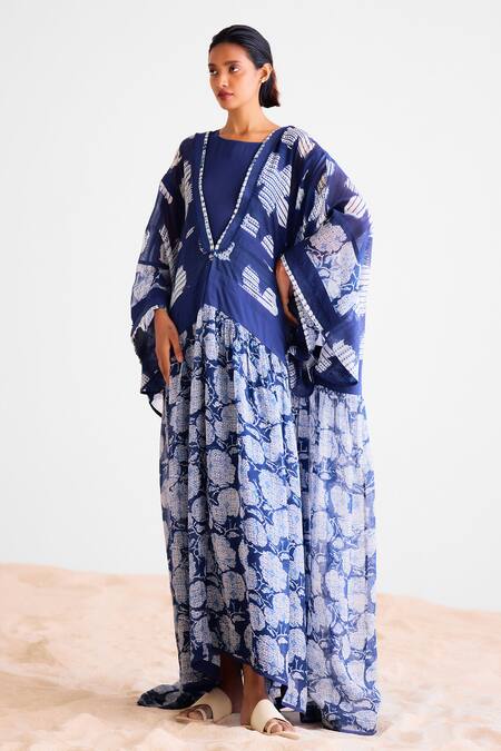 Shop_Cotton And Clay_Navy Chanderi, Silk Indigo Maxi Kimono Dress Set _Online_at_Aza_Fashions