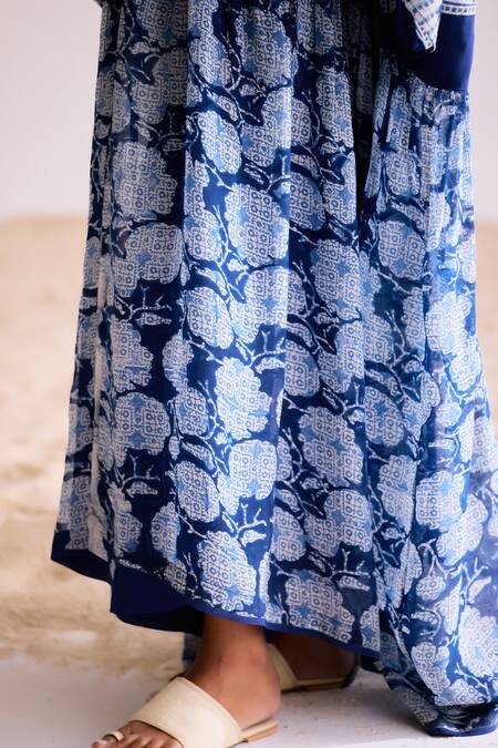 Cotton And Clay_Navy Chanderi, Silk Indigo Maxi Kimono Dress Set _at_Aza_Fashions
