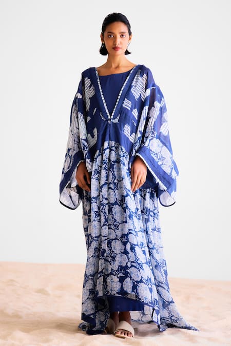 Buy_Cotton And Clay_Navy Chanderi, Silk Indigo Maxi Kimono Dress Set 