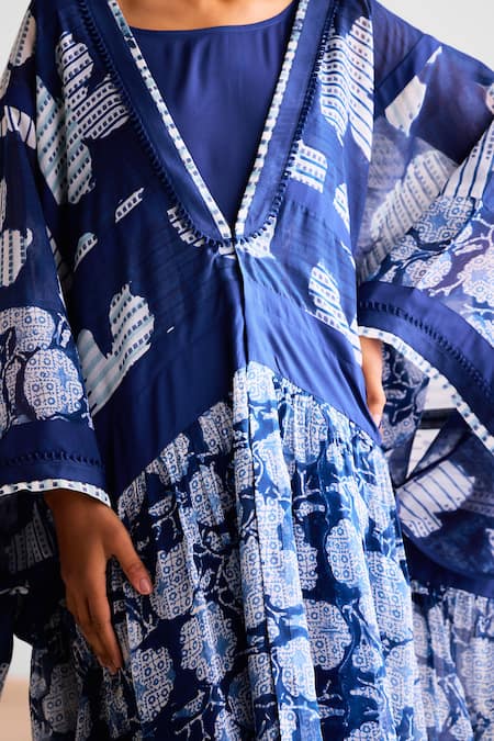Shop_Cotton And Clay_Navy Chanderi, Silk Indigo Maxi Kimono Dress Set 