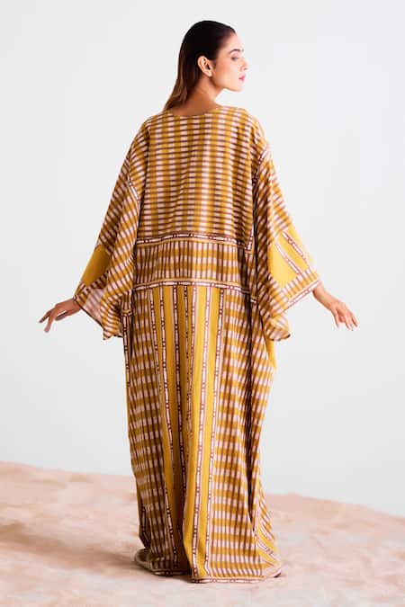 Shop_Cotton And Clay_Mustard Cotton Round Neck Printed Kimono Dress And Jumpsuit Inner _at_Aza_Fashions